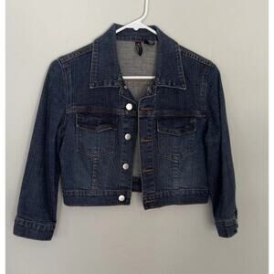 Vintage Ladies Cropped Denim 3/4 Sleeve Cottage Jean Jacket Small Dark Wash